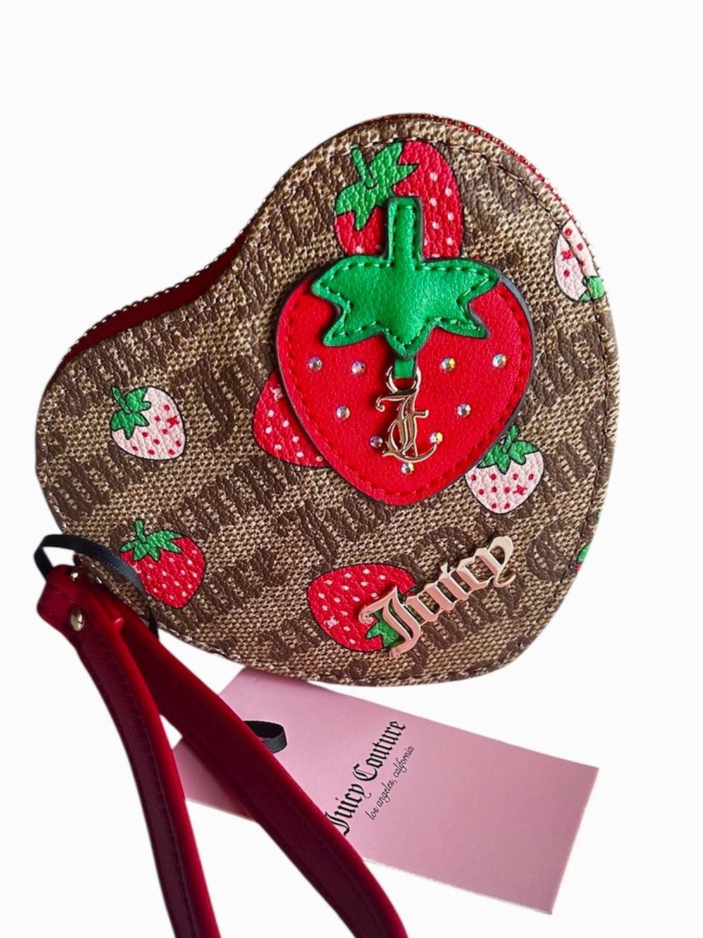 Juicy Couture Brown Heart Strawberry Wristlet with Red and Green Accents